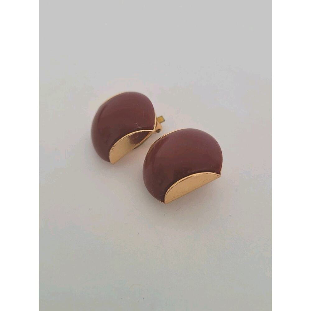 Vintage Gold Brown Tone Button Clip On Earrings Statment Cabachon Retro Glam